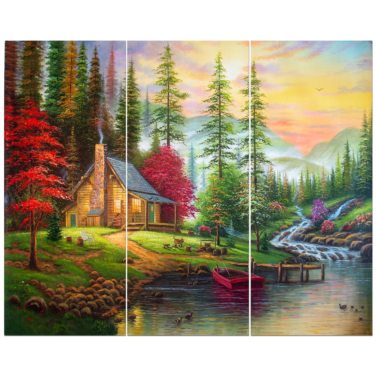 Designart - House in the forest - Landscapes Painting Print on Wrapped Canvas set